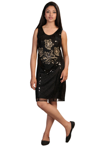 Black Sleeveless Flower Mini Chinlon Dress. - craze-trade-limited